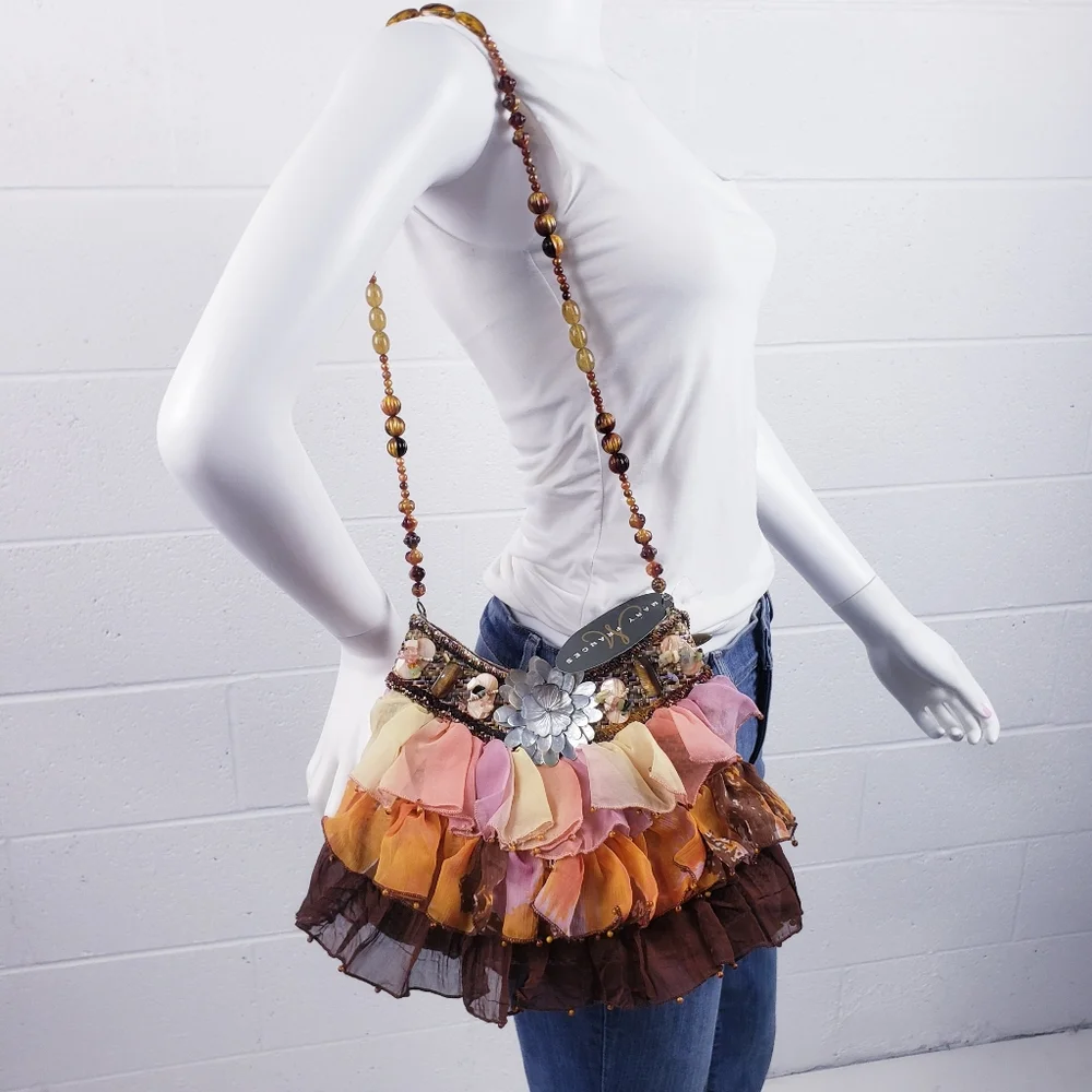 Mary Frances Beaded Tulle Ruffle Wicker Shoulder Bag‎ Mother of Pearl Earthtones
